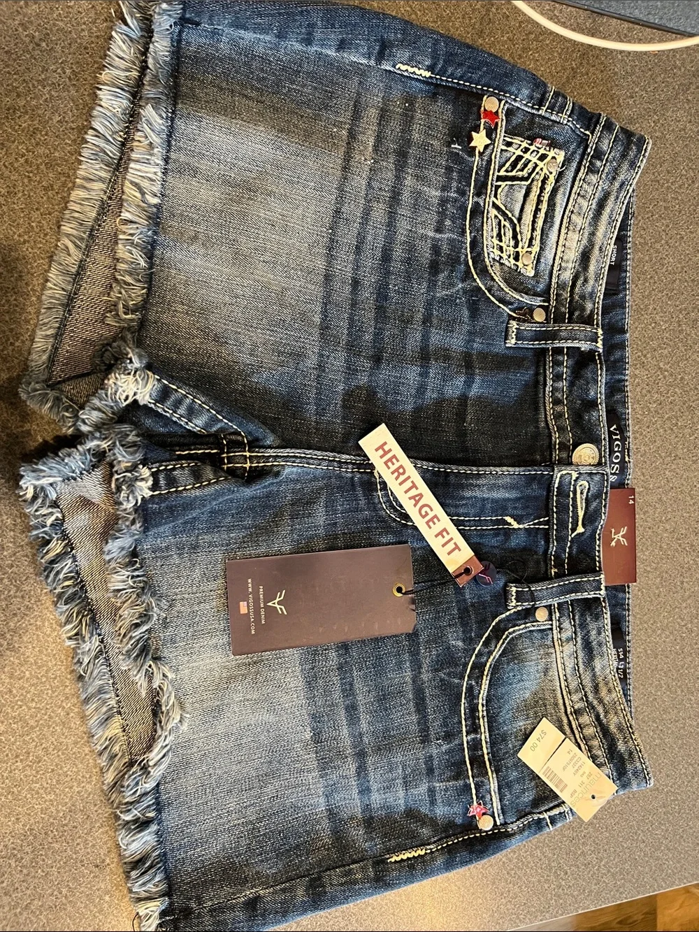 NWT Vigoss Blue Denim Cutoff Shorts with Flag Pocket Embroidery